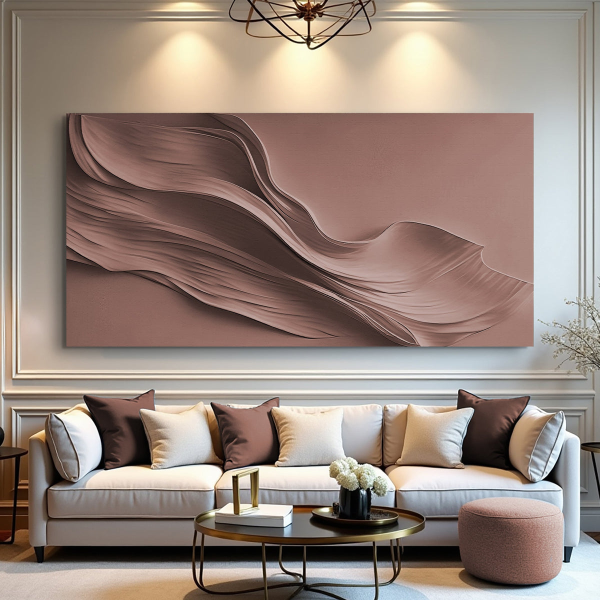 Warm terracotta minimalist panoramic canvas wall art above a sofa in a boho living room