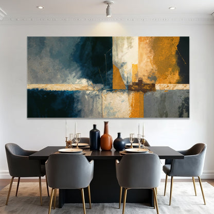 Wide abstract geometric lines canvas wall art hanging above a long sofa in a modern living room