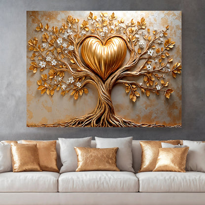 Golden tree heart canvas wall art in a warm family room above a console table
