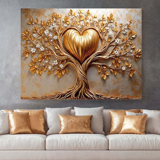 Golden tree heart canvas wall art in a warm family room above a console table