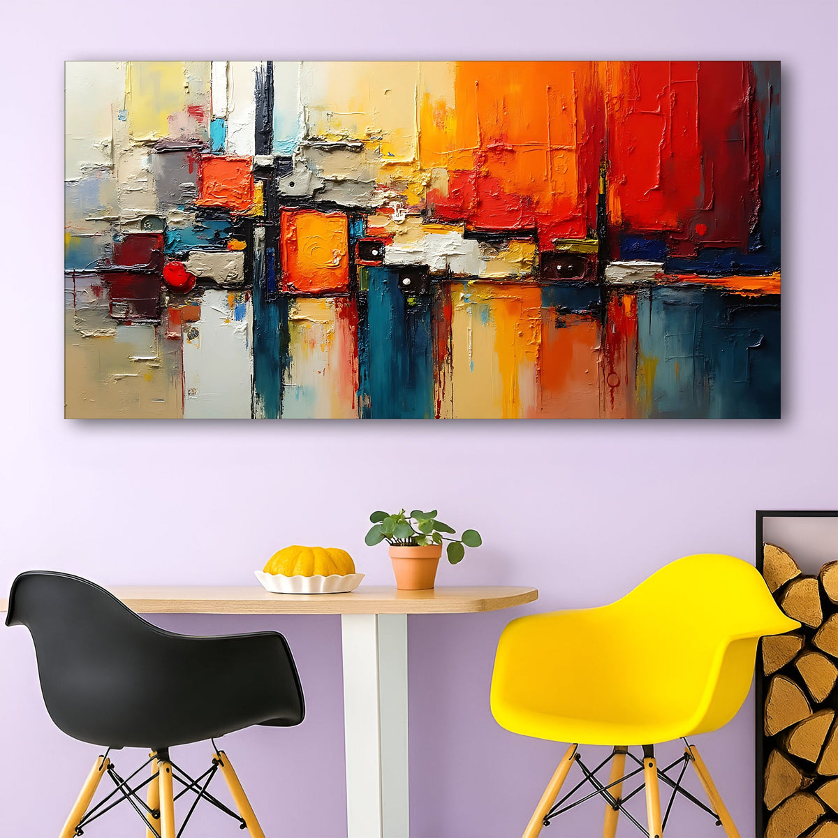 Wide colorful abstract canvas wall art II above a low bookcase in a creative studio