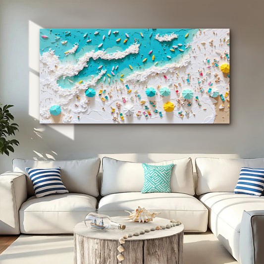 Beach Days XI coastal canvas wall art hanging in a cheerful family room with blue accents