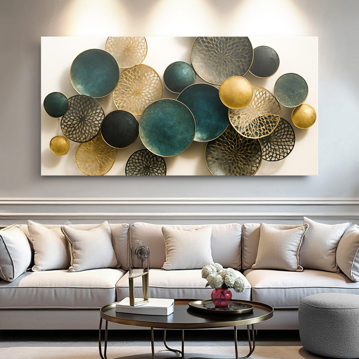 Wide lotus leaf abstract canvas wall art VIII in a calm, spa-like bathroom