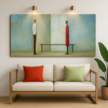 Confrontation wide abstract canvas wall art above a sofa in a contemporary loft