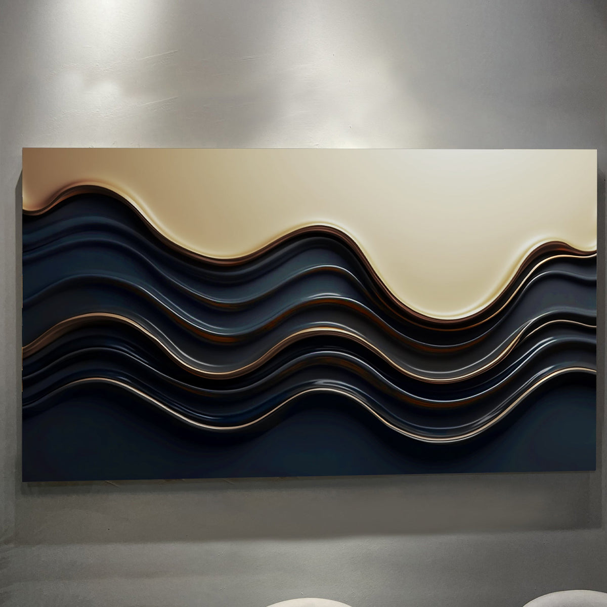 Black and gold minimalist abstract canvas wall art III above a console in a modern entry