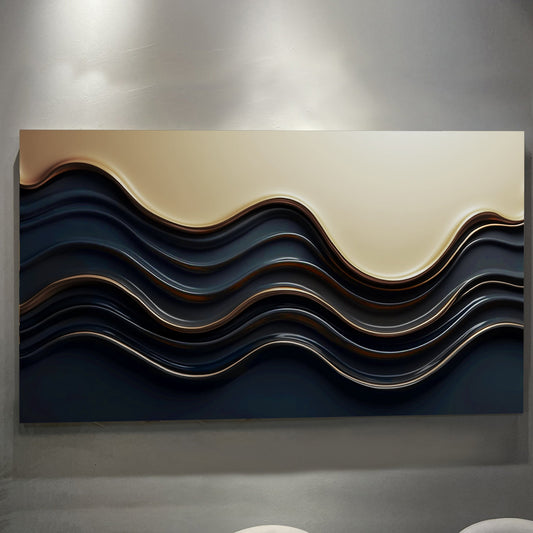 Black and gold minimalist abstract canvas wall art III above a console in a modern entry