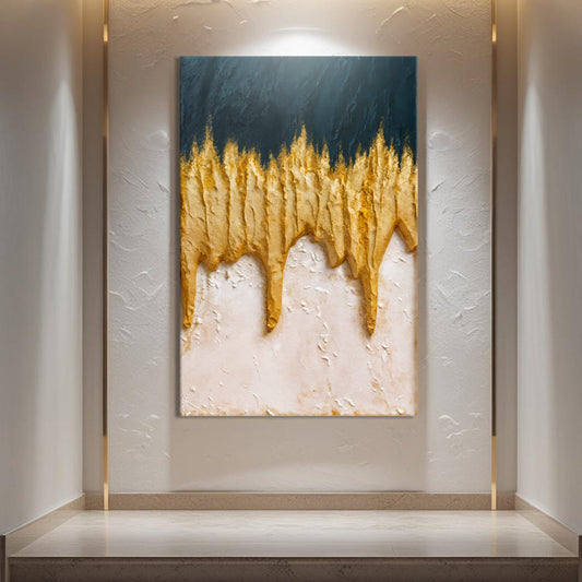 Abstract blue and gold canvas wall art above a navy sofa in a modern glam living room
