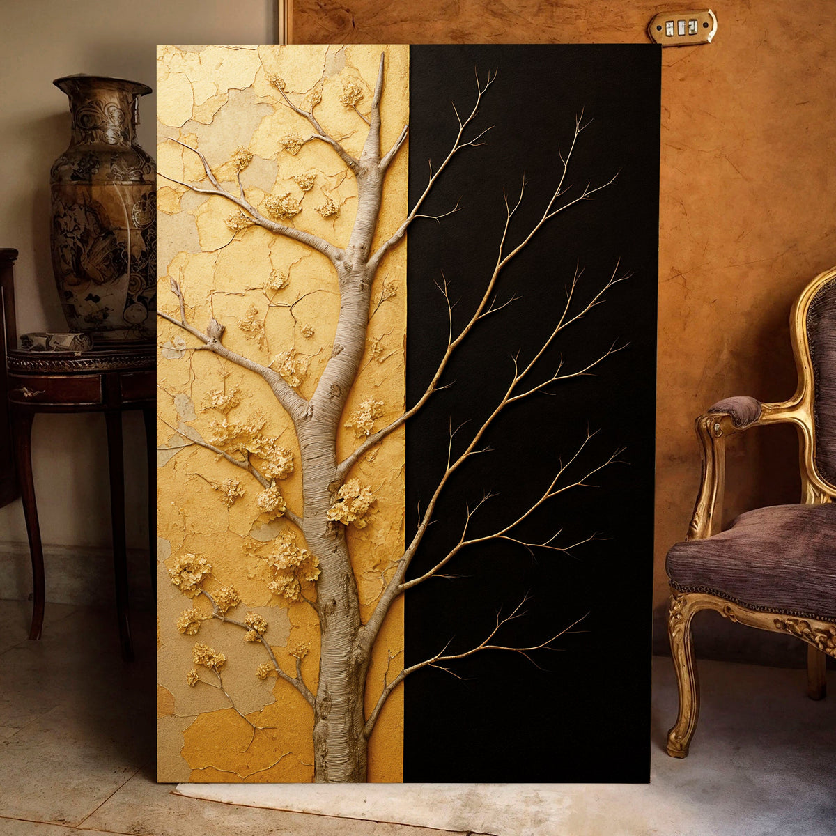 Golden Eclipse abstract canvas wall art on a dark wall in a modern living room