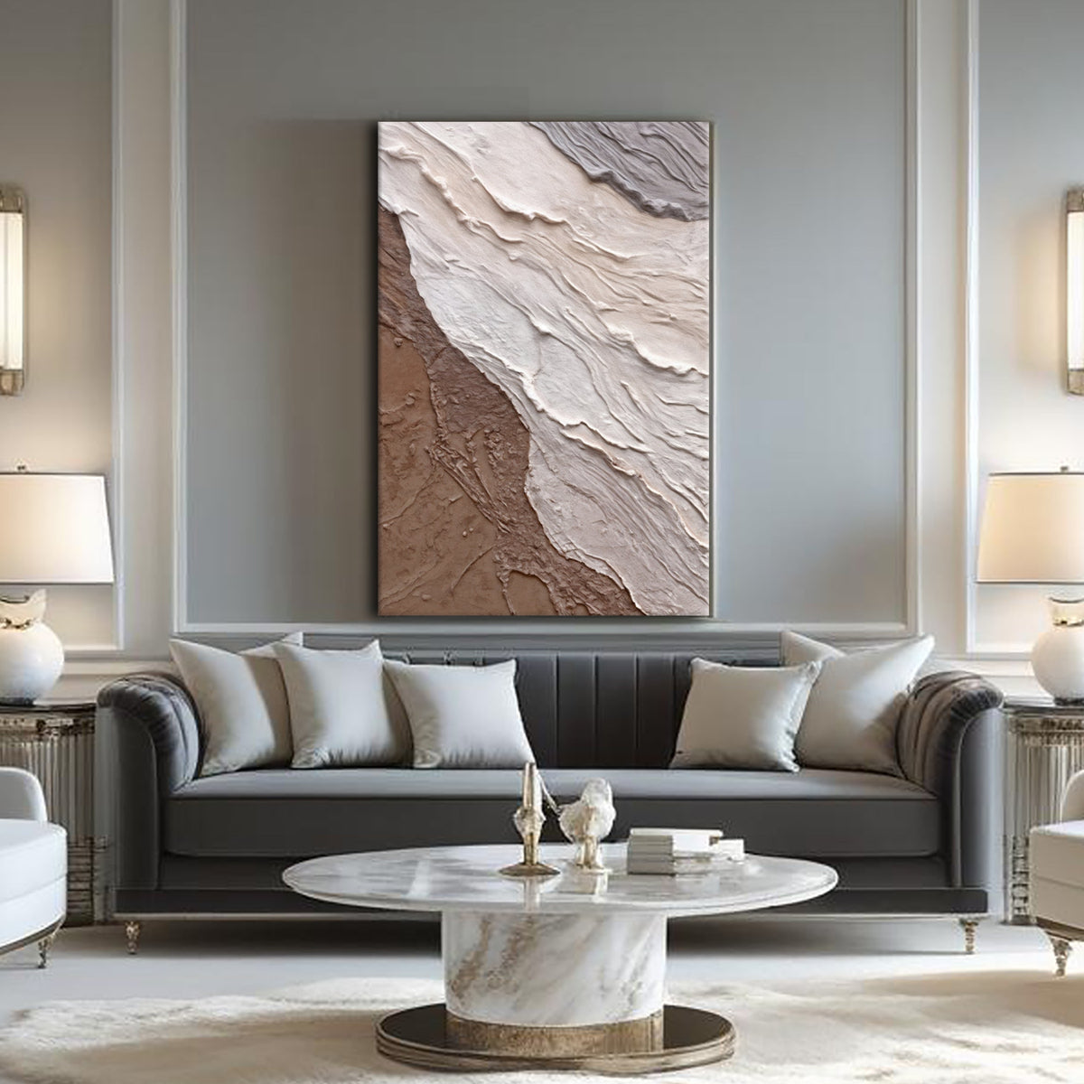 Abstract earthy waves canvas wall art above a bed in a boho organic-modern bedroom