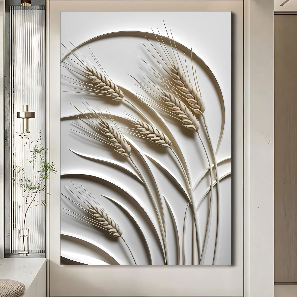 Minimalist wheat botanical canvas wall art in a farmhouse kitchen dining area