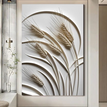 Minimalist wheat botanical canvas wall art in a farmhouse kitchen dining area