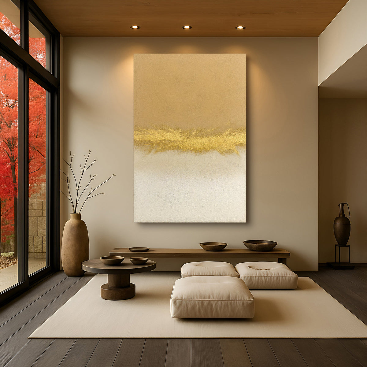 Minimalist white and gold canvas wall art above a cream headboard in a light bedroom