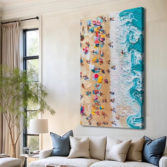 Beach Days VII coastal canvas wall art above a driftwood console in a coastal living room