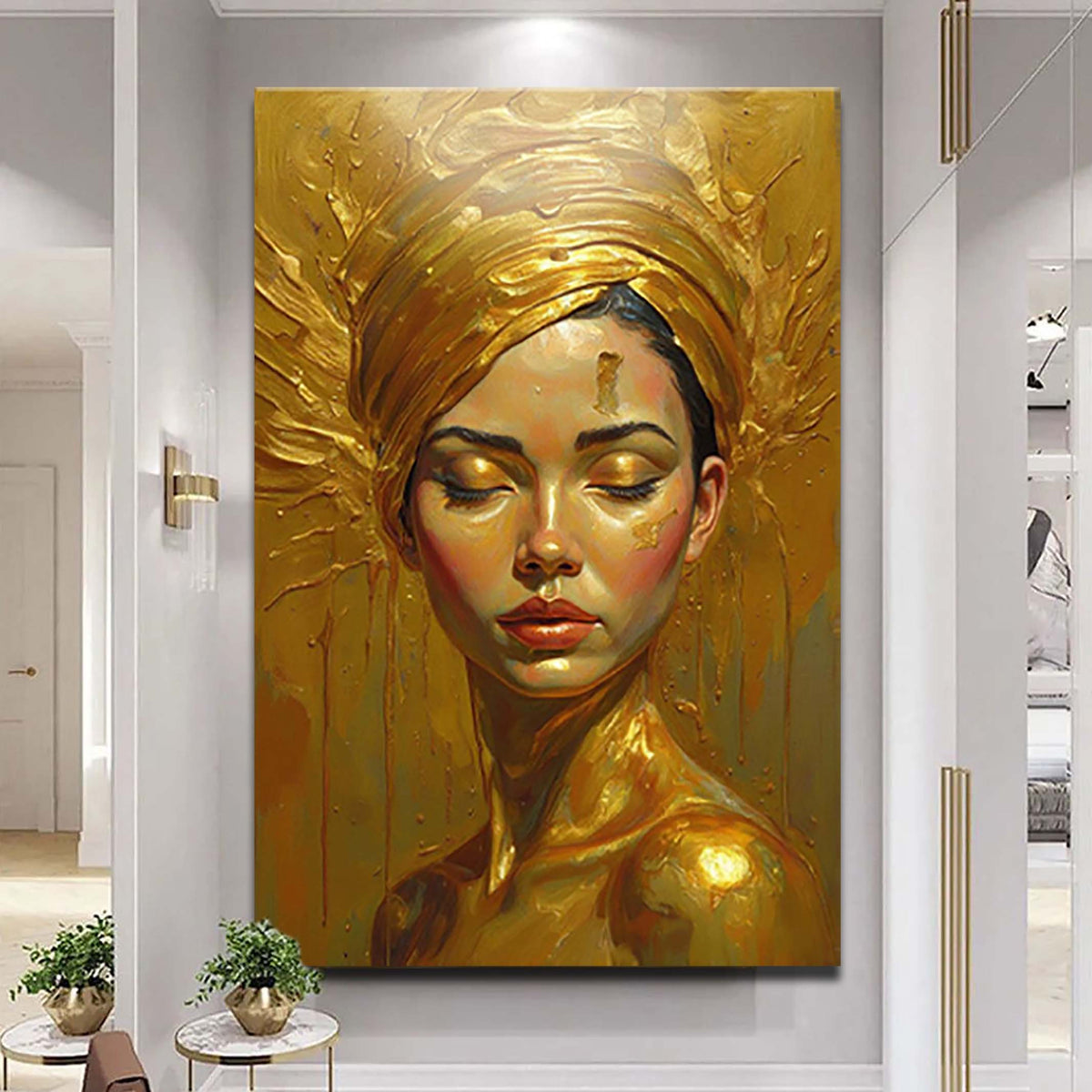 Woman's Golden Serenity canvas wall art in golden tones with gallery-wrapped edges in a calm bedroom