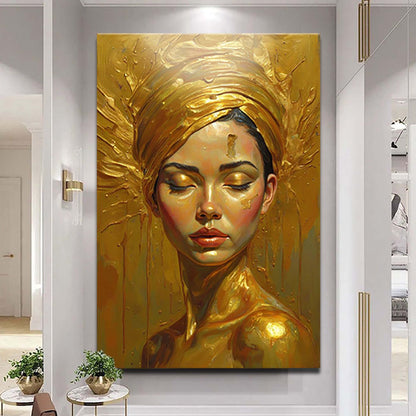 Woman's Golden Serenity canvas wall art in golden tones with gallery-wrapped edges in a calm bedroom