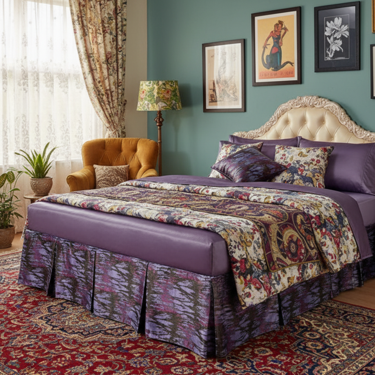 Abstract Mixed Purple Satin Tailored Platform Bed Skirt, 14" Drop – view 2