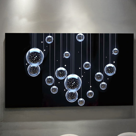 Wide modern abstract bubbles canvas wall art above a long desk in a bright office