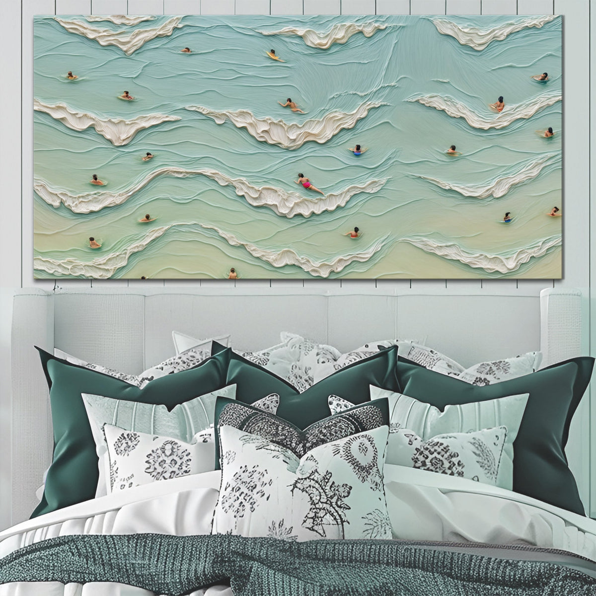 Beach Days II coastal canvas wall art hanging above a headboard in a breezy coastal bedroom
