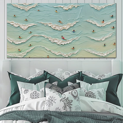 Beach Days II coastal canvas wall art hanging above a headboard in a breezy coastal bedroom
