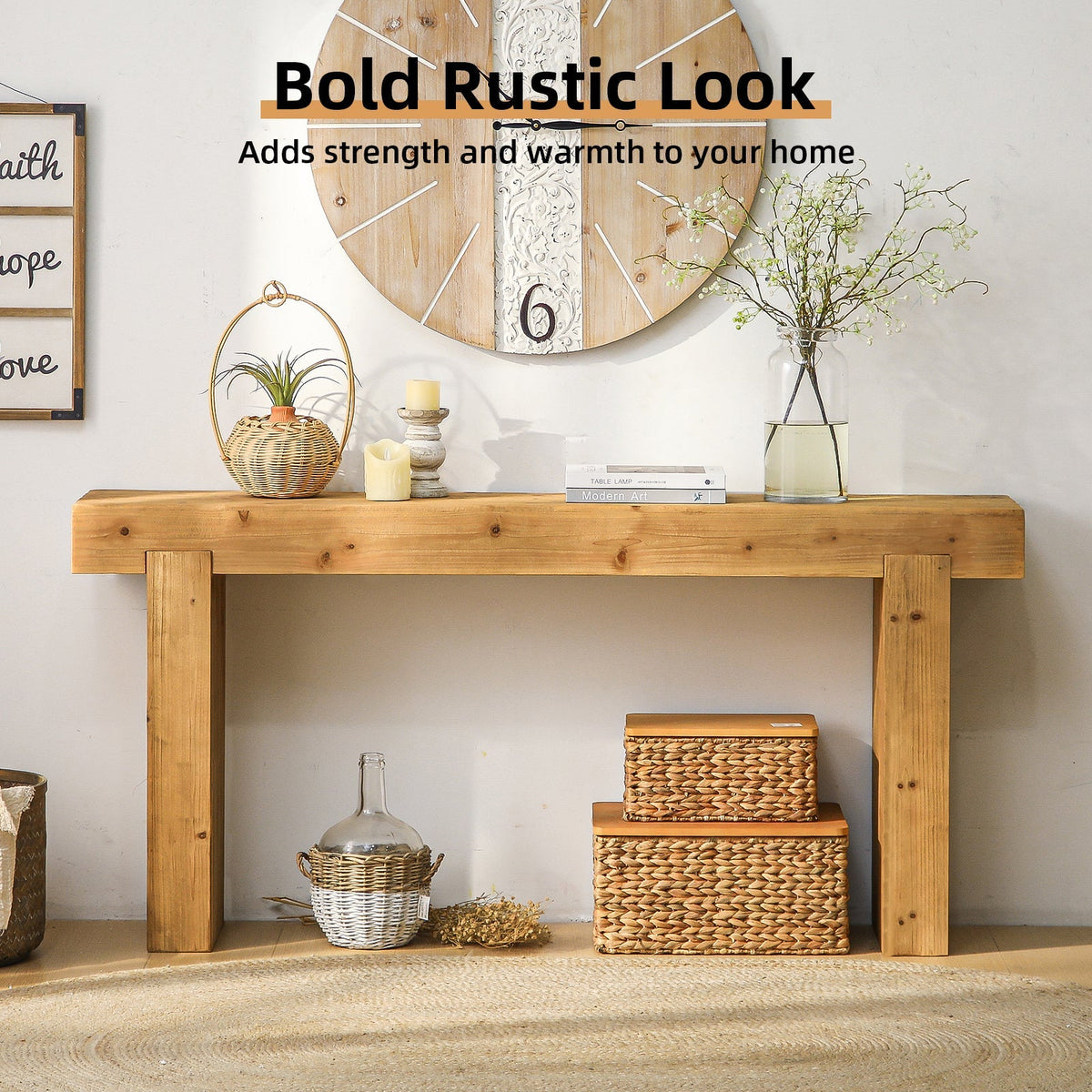 63" Solid Wood Rustic Farmhouse Console Table, Natural Wood – view 5