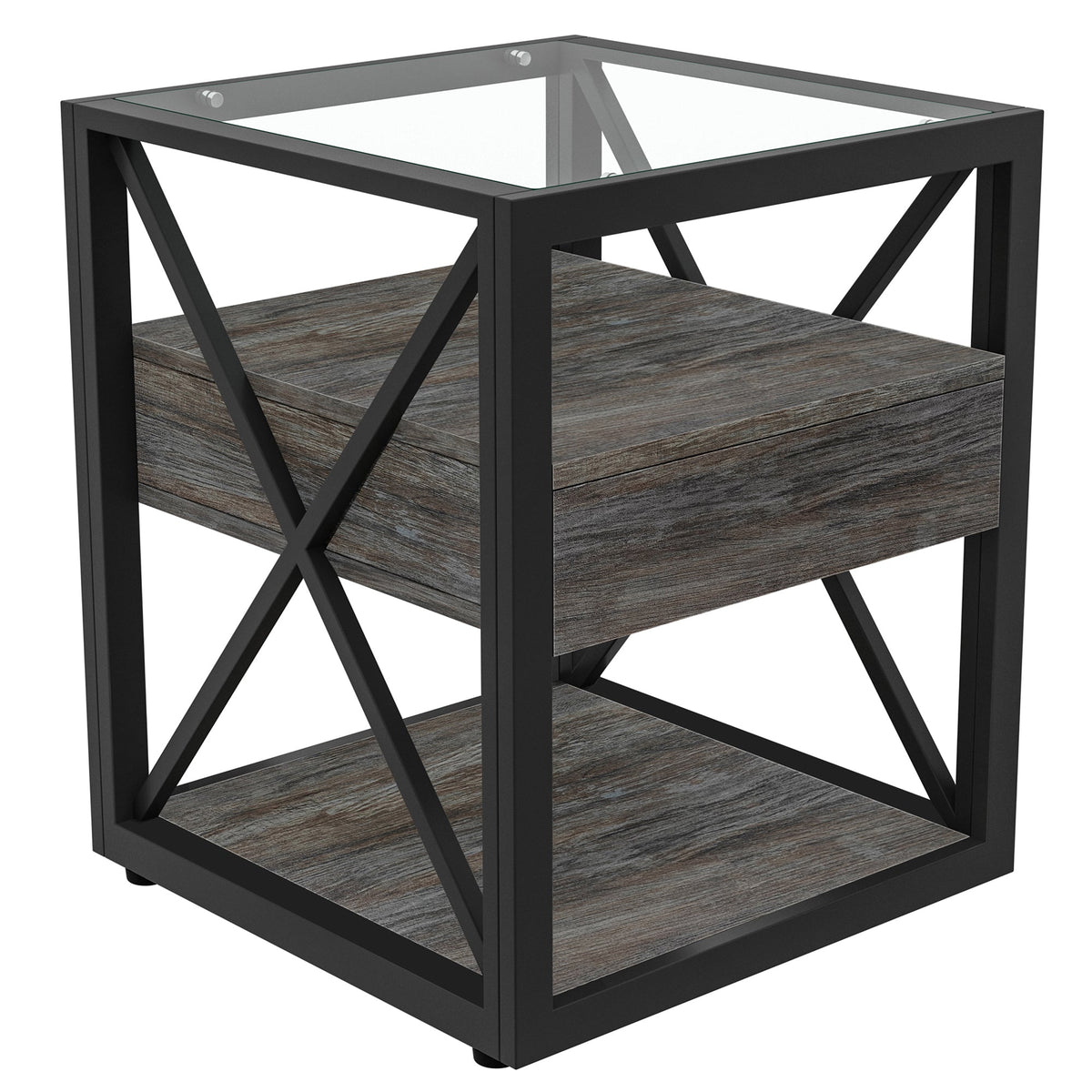 Industrial End Tables with Drawer and Glass Top, Set of 2 Nightstands – view 11