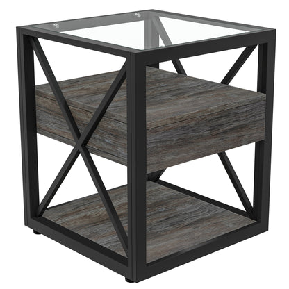 Industrial End Tables with Drawer and Glass Top, Set of 2 Nightstands – view 11