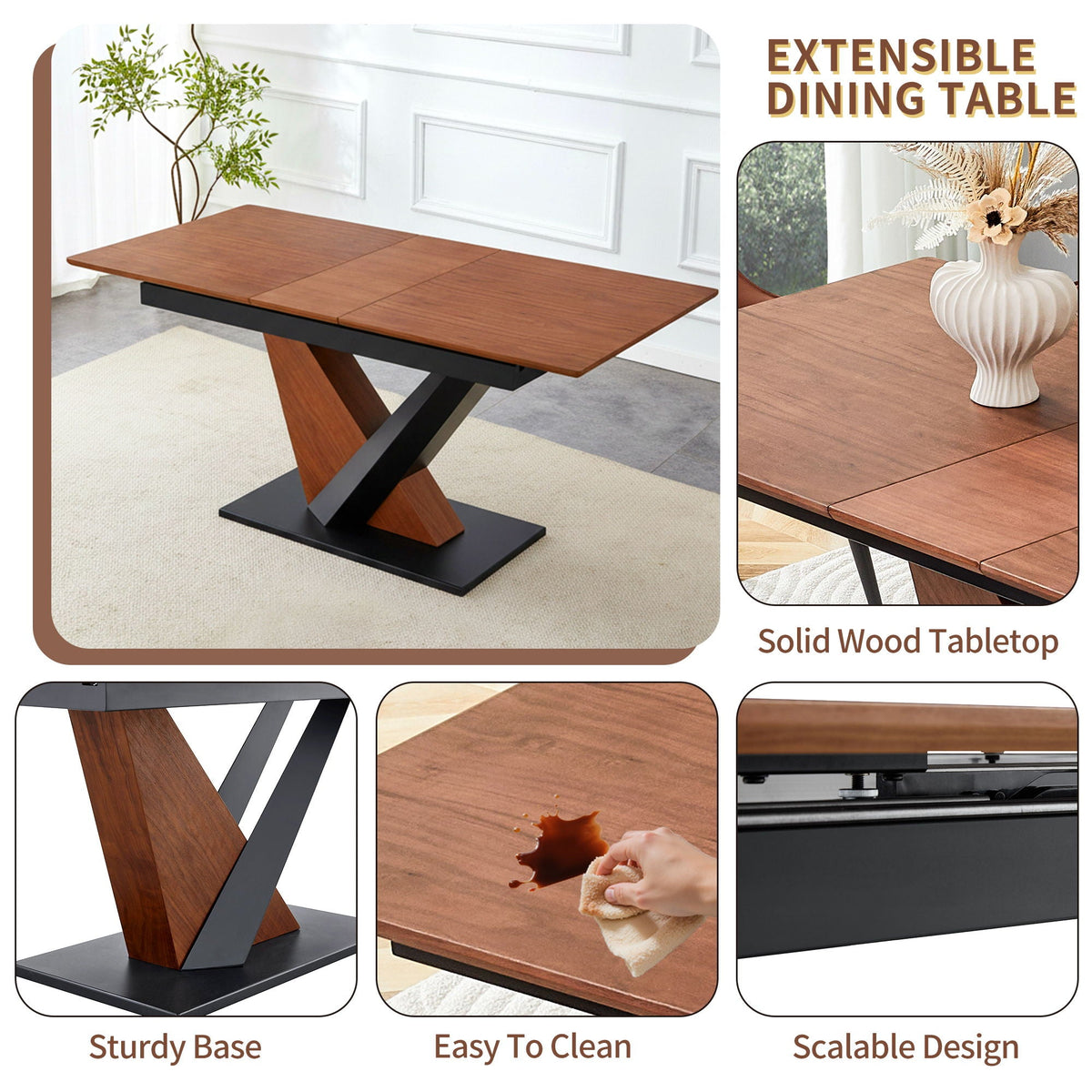 Dark Walnut Dining Table with Cross Geometric Legs, Scratch-Resistant – view 2