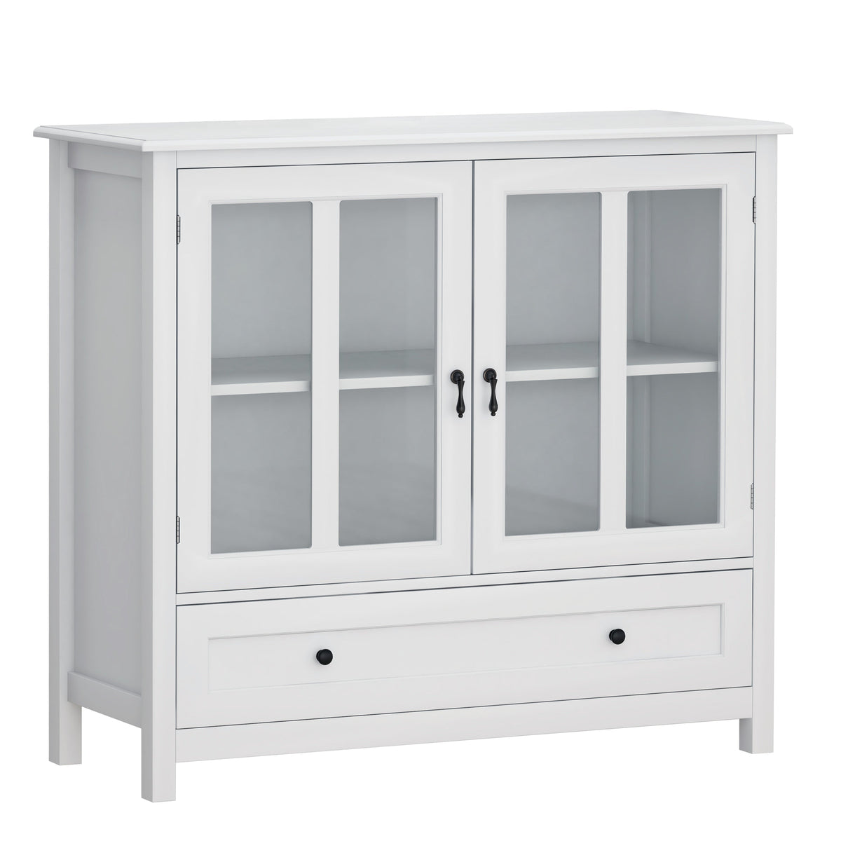 White Buffet Storage Cabinet with Double Glass Doors and Bell Handles – view 9