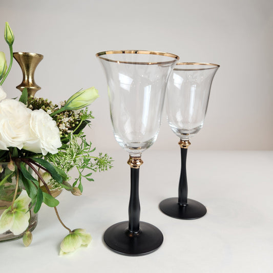 Black Stemmed Clear Wine Glasses with 14k Gold Rim, Set of 4 – view 3