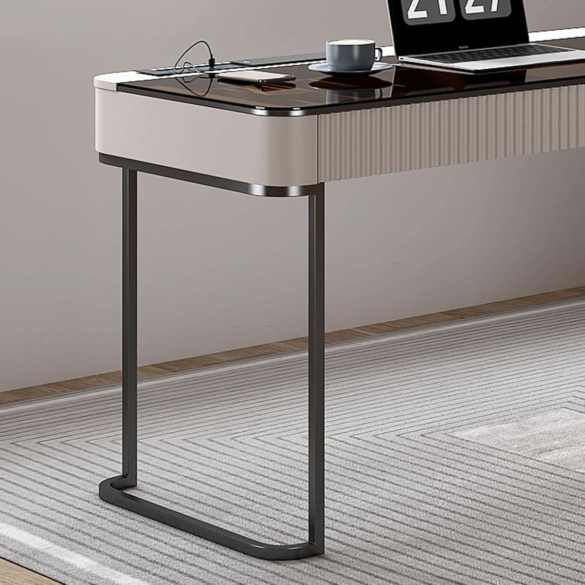 Ivory 50-Inch Glass Top Computer Desk with Storage Cabinet and LED Light – view 8