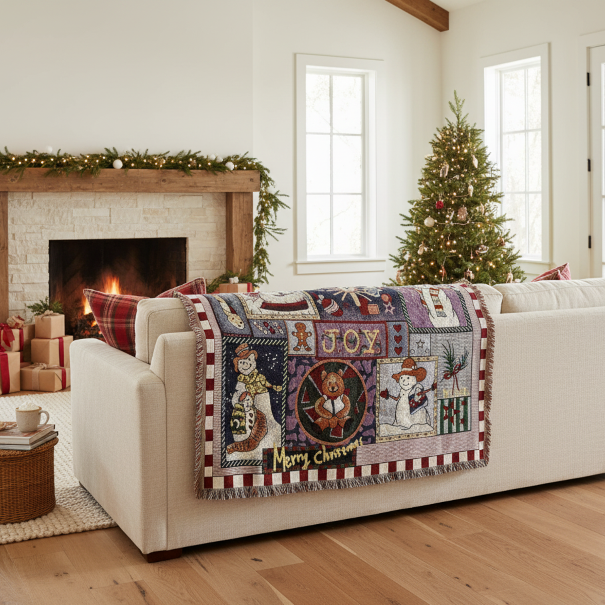 Snowman Merry Christmas Cotton Blend Tapestry Throw Blanket – view 3
