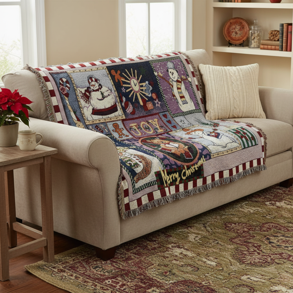Cotton Blend Tapestry Throw Blanket with Snowman Motif