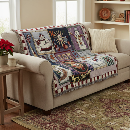 Cotton Blend Tapestry Throw Blanket with Snowman Motif