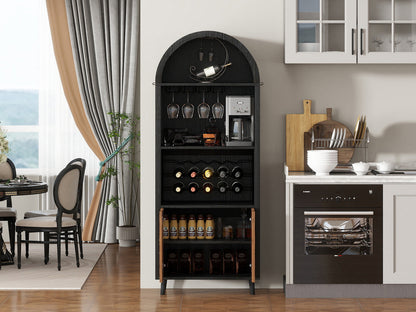 71-Inch Farmhouse Arched Wine Bar Cabinet with Glass Holders, Black – view 6