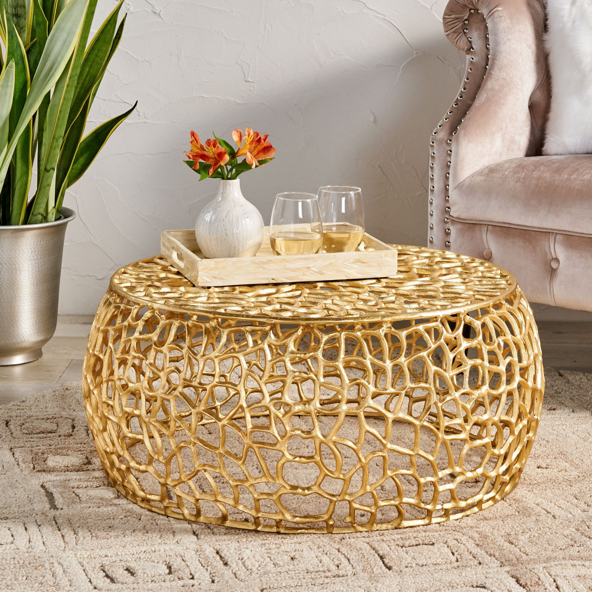 Modern Glam Mesh Coffee Table with Gold Accents and Aluminum Frame – view 2