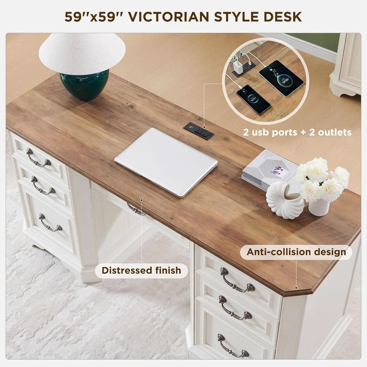 Victorian Farmhouse 59-Inch Executive Desk, Antique White – view 4