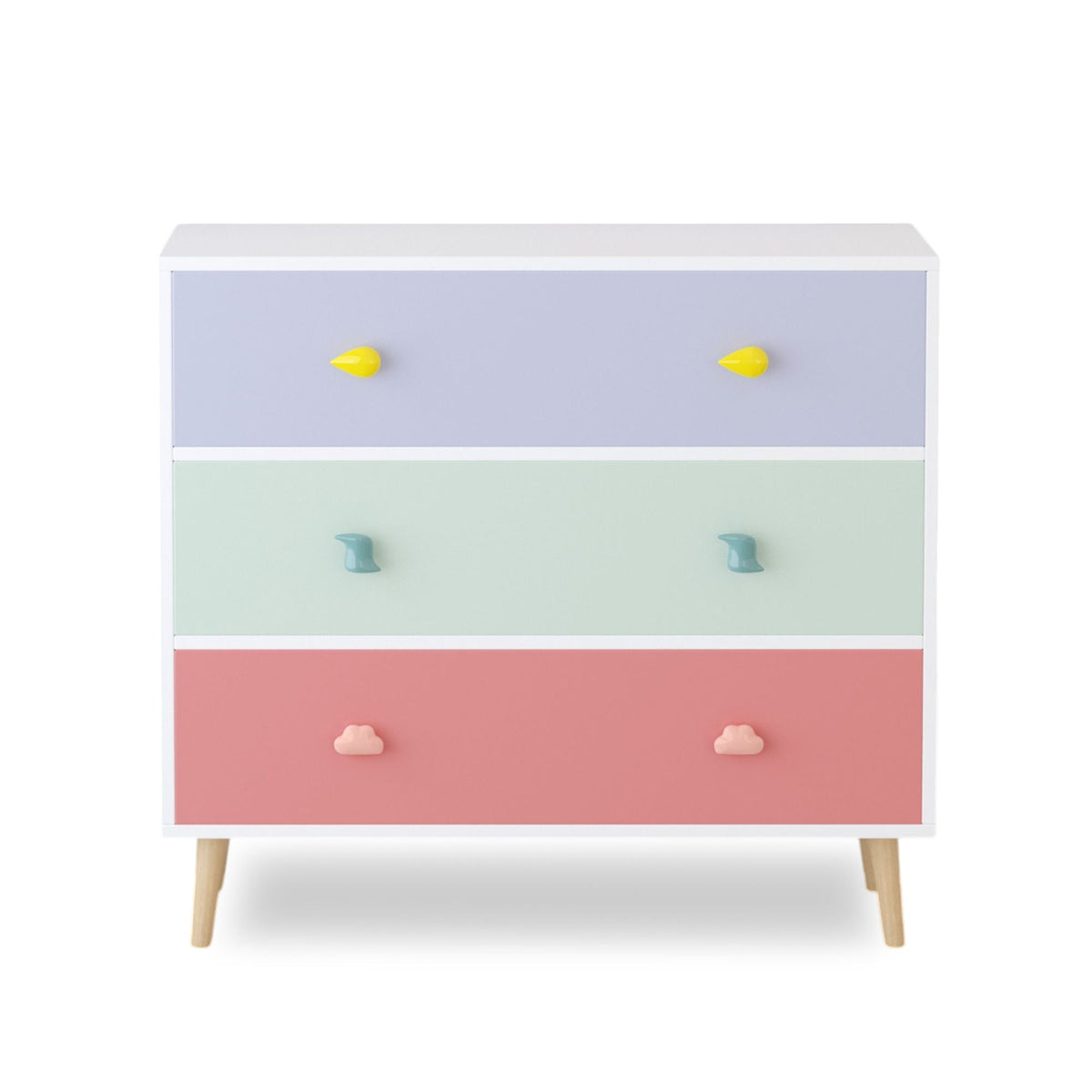 White 3-drawer kids dresser with cartoon drawer pulls and solid wood legs in a nursery