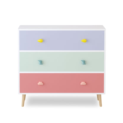 White 3-drawer kids dresser with cartoon drawer pulls and solid wood legs in a nursery