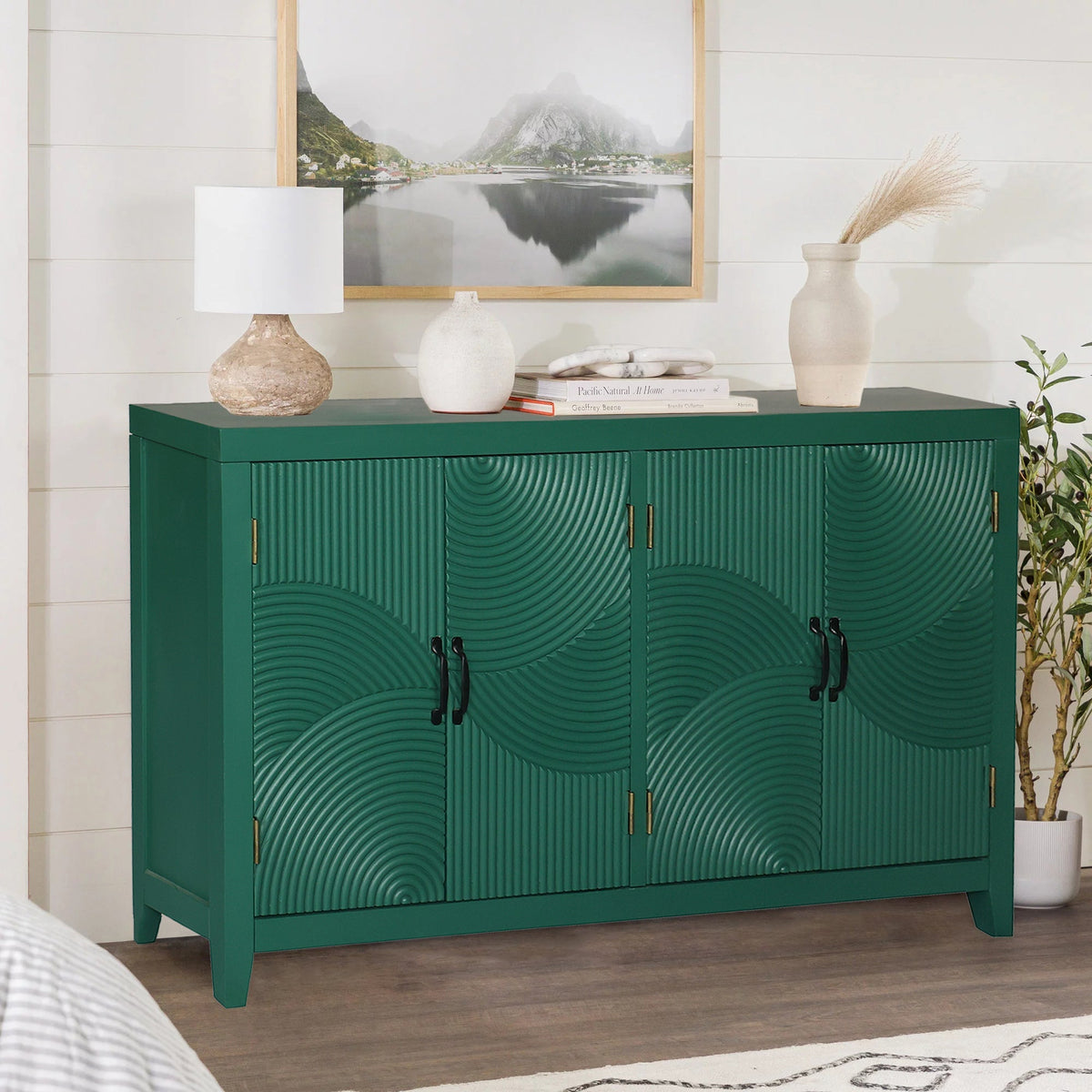 59 Inch Dark Green Mid-Century Modern Accent Cabinet with 4 Doors – view 3