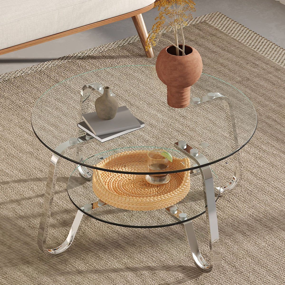 Double Layer Tempered Glass Coffee Table with Metal Frame – view 4
