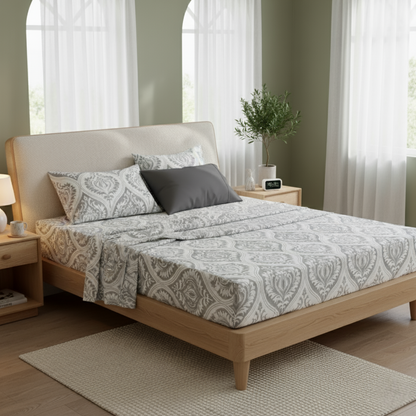 Polyester Ogee Damask Bed Sheet Set, Moon Sky Gray & White