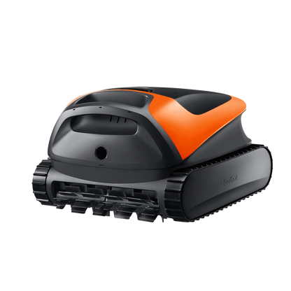 Sora 30 robotic pool cleaner in cosmic orange at the edge of a sparkling backyard pool