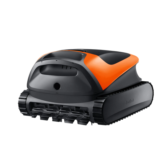 Sora 30 robotic pool cleaner in cosmic orange at the edge of a sparkling backyard pool