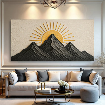 Wide Mountain Majesty landscape canvas wall art above a fireplace in a cabin living room