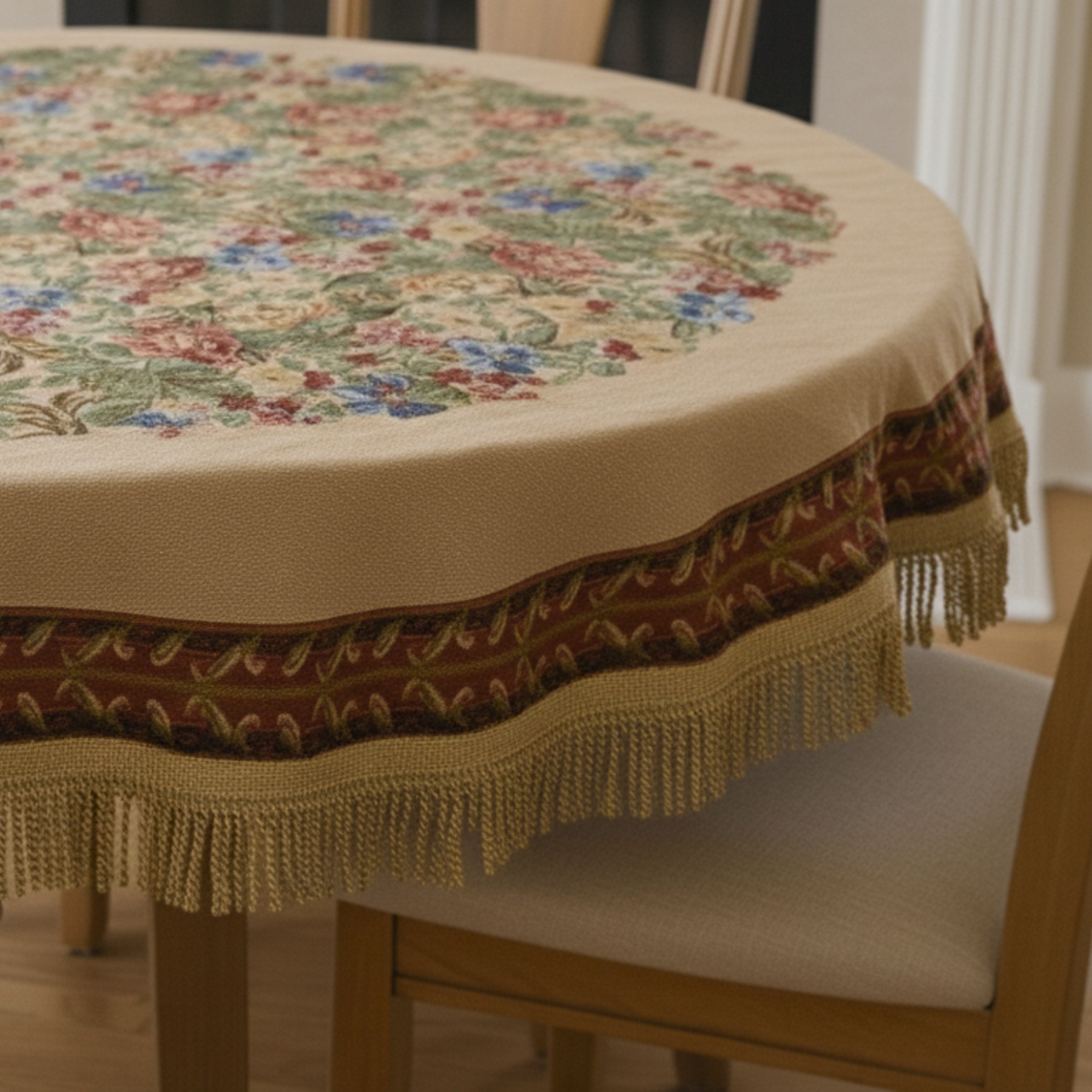 Festive Red Yuletide Blooms Woven Tapestry Tablecloth – view 4