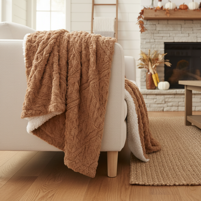 Caramel Brown Faux Fur Throw Blanket with Embossed Chevron