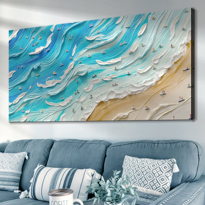 Beach Days V coastal canvas wall art hanging in a guest bedroom with light linen bedding
