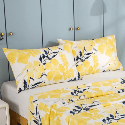 Watercolor Tropical Floral Yellow and Blue Microfiber Fitted or Flat Sheet – view 4