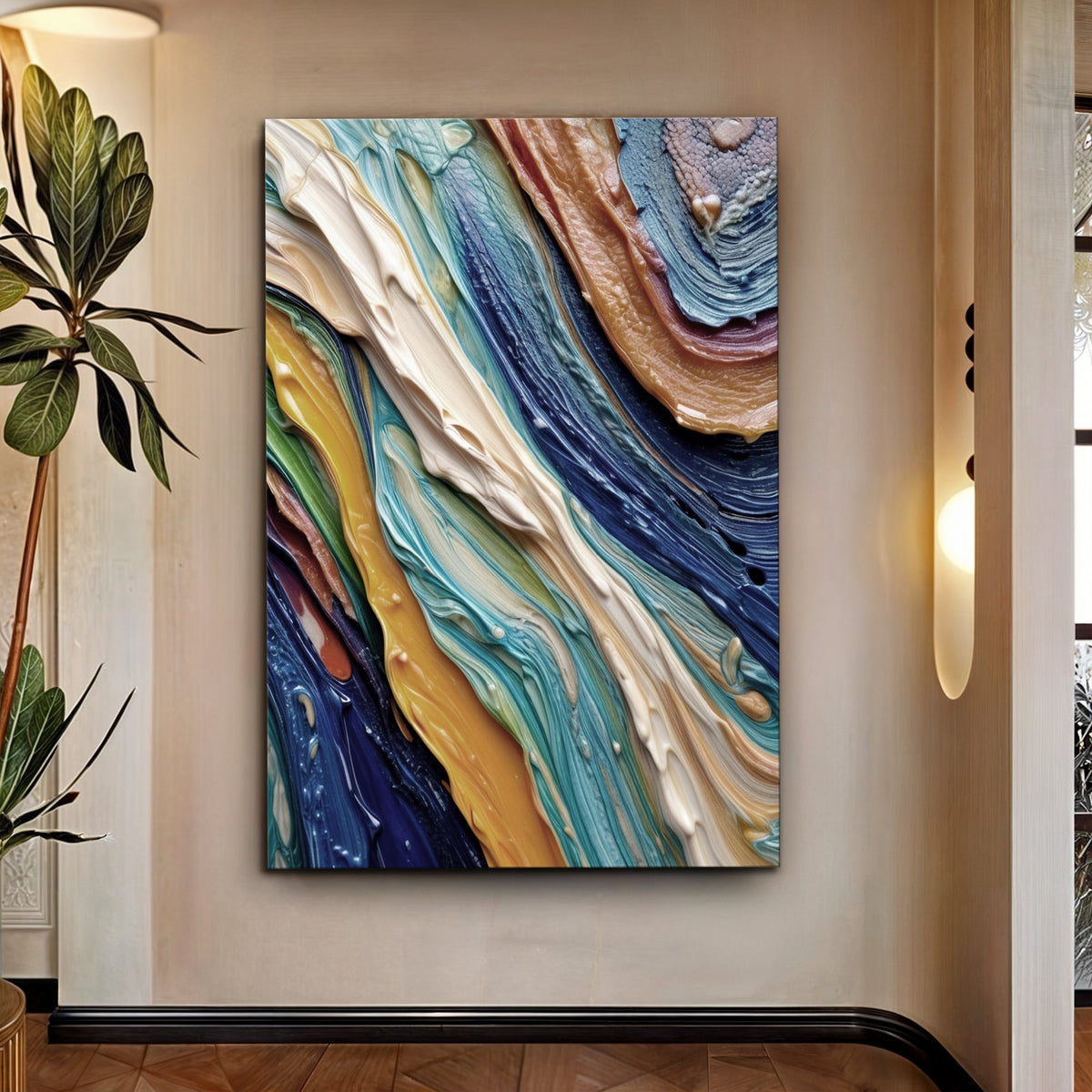 Ocean waves canvas wall art print with gallery-wrapped edges hanging above a sofa in a coastal living room