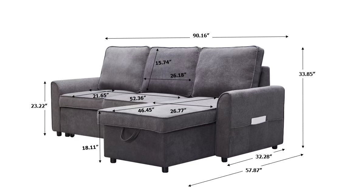 Modular L-Shaped Sofa Bed with Storage Chaise in Dark Grey Linen – view 6
